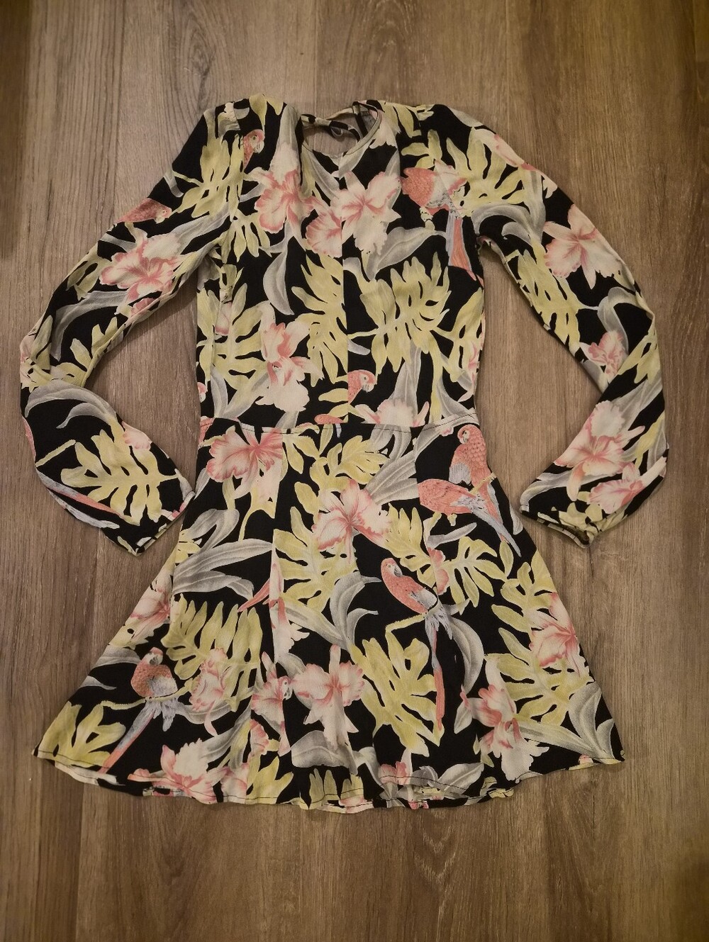 Reformation Black Floral & Parrot Print Long-Sleeve Dress